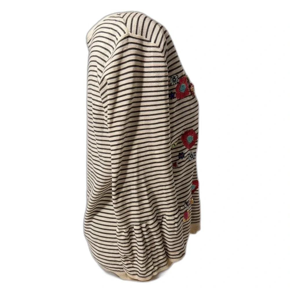 Talbots Sweater Ivory Black Striped Floral Embroidered Beaded Ruffle Cuff M‎